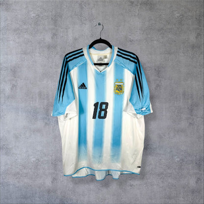 Maillot Argentine 2004 domicile de face, rayures verticales ciel et blanc, trois bandes noires sur les épaules, 18 sur la poitrine