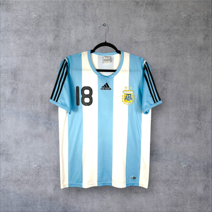 Vue de face du maillot Argentine Domicile 2008 ciel et blanc avec logo Adidas et écusson AFA.