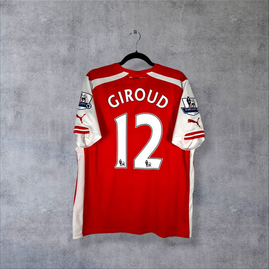 Dos du maillot Arsenal 2014-2015 domicile rouge et blanc avec flocage Giroud N°12 et patchs Barclays Premier League sur les deux manches