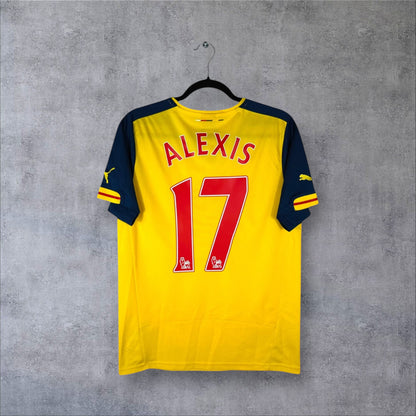 Dos du maillot Arsenal Extérieur 2015 jaune et bleu avec flocage rouge ALEXIS 17 et patch Premier League.