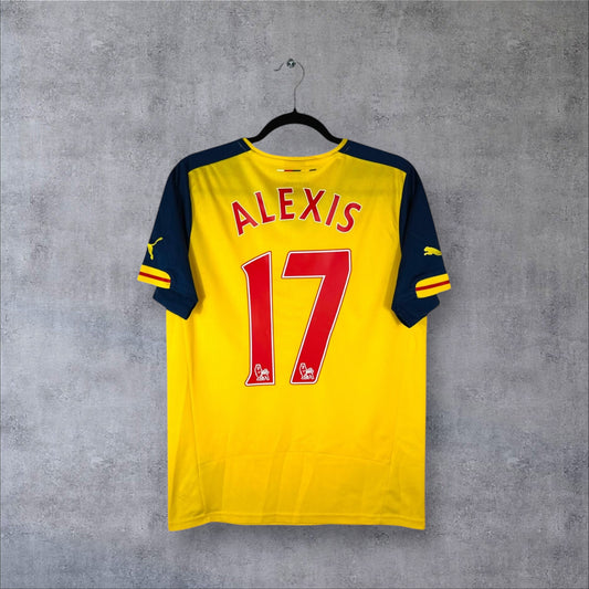 Dos du maillot Arsenal Extérieur 2015 jaune et bleu avec flocage rouge ALEXIS 17 et patch Premier League.