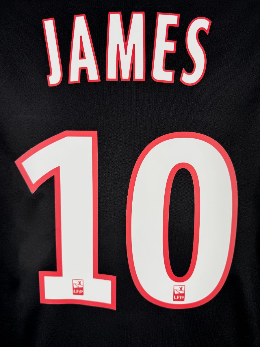 Gros plan du flocage James N°10 avec les écussons LFP sur le maillot AS Monaco 2013-2014