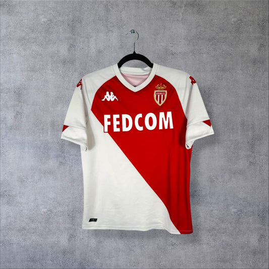 Maillot AS Monaco 2020-2021 domicile Kappa de face, diagonale rouge et blanche, sponsor Fedcom
