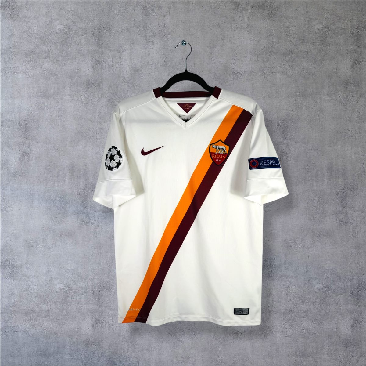 Face du maillot AS Roma 2014-2015 extérieur Nike blanc à bande diagonale orange et bordeaux, sans sponsor