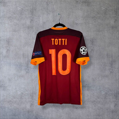 Dos du maillot AS Roma 2015-2016 domicile rouge bordeaux avec flocage Totti N°10 et patch UEFA Champions League authentique