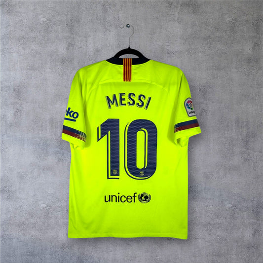 Dos du maillot extérieur jaune fluo du FC Barcelone avec flocage bleu MESSI 10