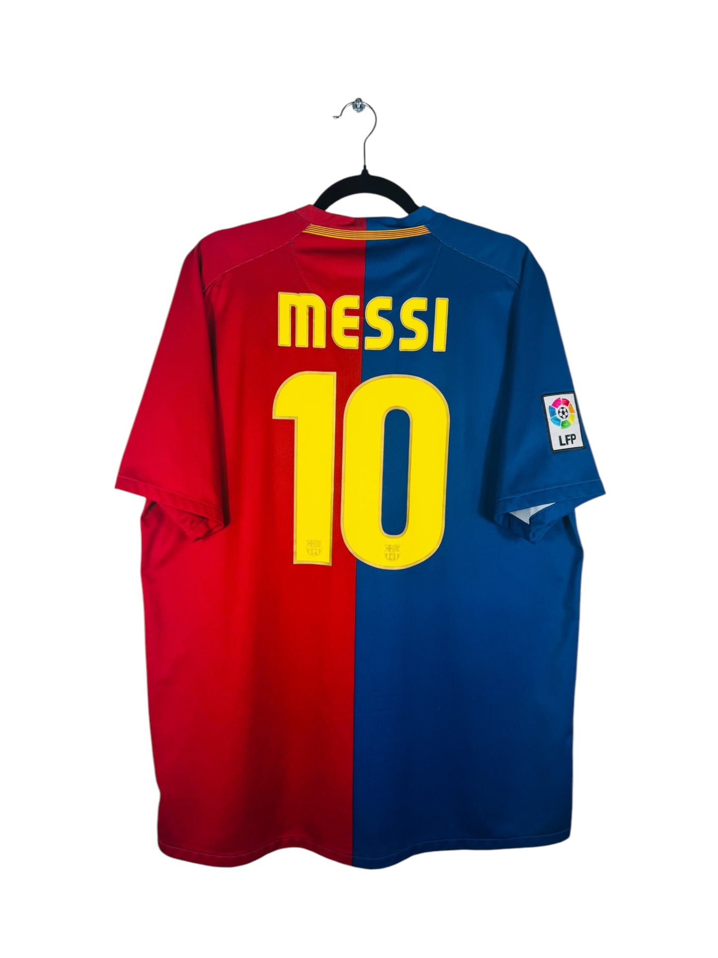 Maillot FC Barcelone 2008-2009 Domicile Nike - Vue arrière flocage Messi #10, taille XL, couleur bleu et rouge.