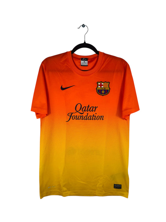 Maillot FC Barcelone 2012-2013 Extérieur Nike - Vue avant, taille S, couleur orange et jaune.