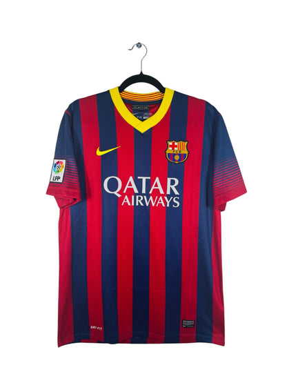 Maillot FC Barcelone 2013-2014 Domicile Nike - Vue avant, taille M, couleur marine et rouge.