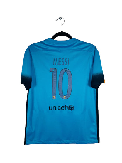 Maillot FC Barcelone 2015-2016 Third Nike - Vue arrière flocage Messi N°10, taille S, couleur bleu.