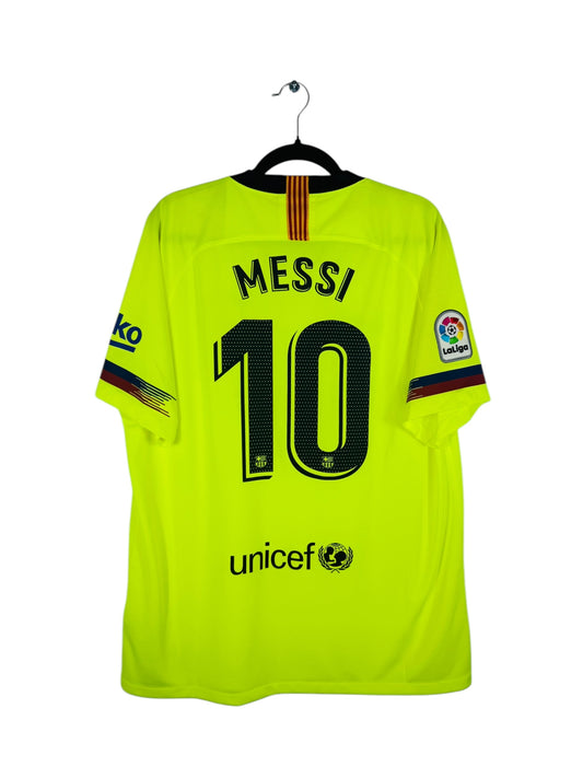 Maillot FC Barcelone 2018-2019 Extérieur Nike - Vue arrière flocage Messi N°10, taille XL, couleur vert fluo.