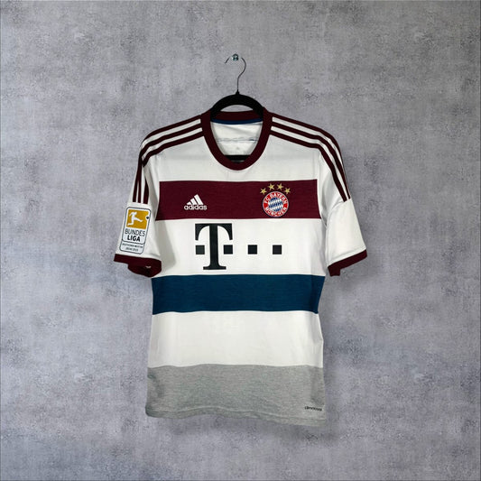 Face du maillot Bayern Munich 2014-2015 extérieur adidas, bandes bordeaux et bleu pétrole, sponsor Telekom