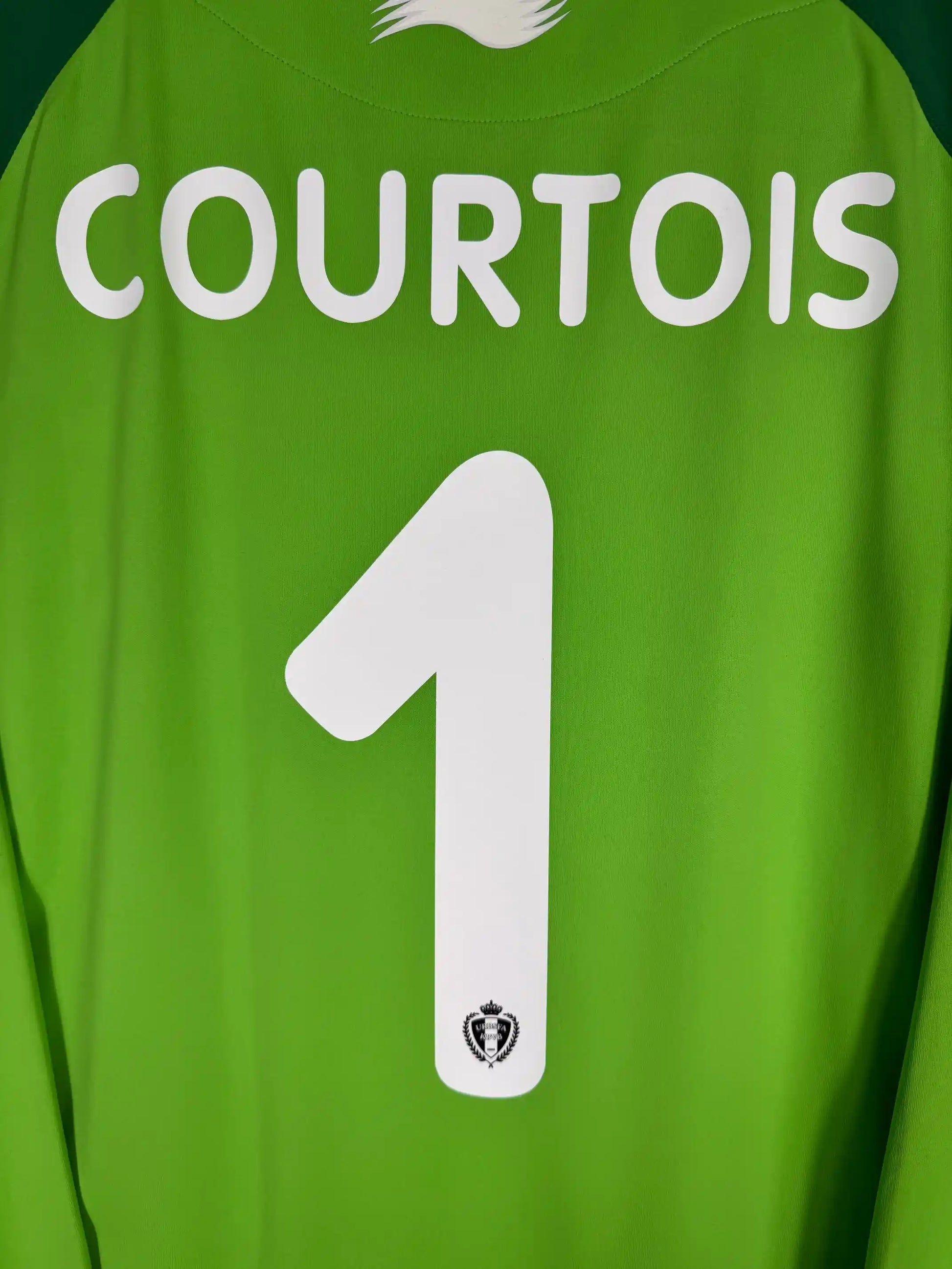 Détail flocage Courtois N°1 sur maillot gardien Belgique 2012 saison de la prise de pouvoir en sélection