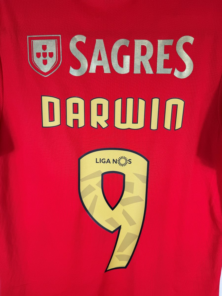 Détail flocage Darwin 9 avec logo Liga NOS, maillot Benfica domicile 2020-2021