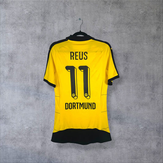 Dos du maillot Borussia Dortmund domicile 2015-2016 Puma jaune, flocage Reus 11 et inscription Dortmund