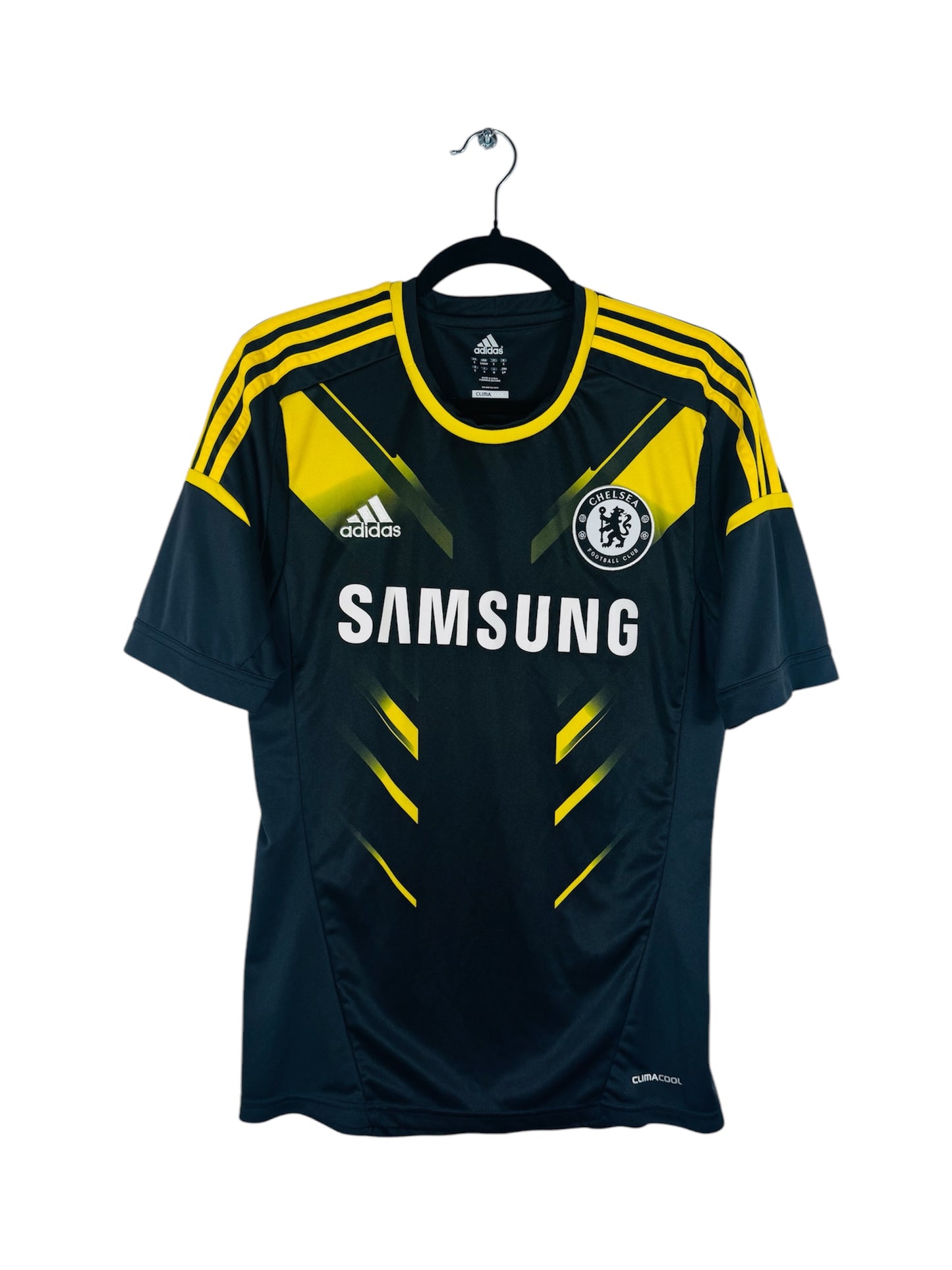 Maillot Chelsea FC 2012-2013 Extérieur Adidas - Vue avant, flocage Lampard N°8, taille S, couleur noir et jaune.