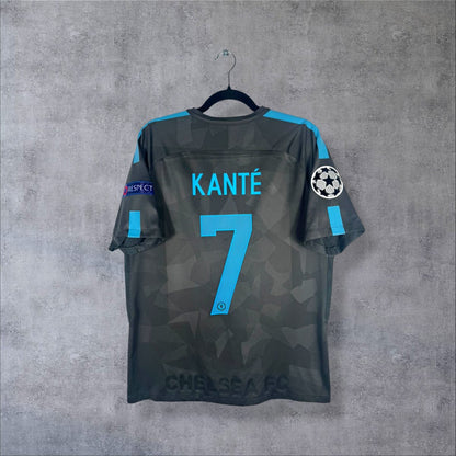 Dos du maillot Chelsea 2017-2018 third gris camouflage avec flocage Kanté numéro 7 bleu ciel