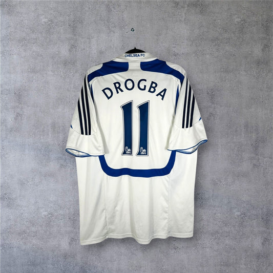 Dos du maillot Chelsea blanc avec flocage bleu DROGBA 11.