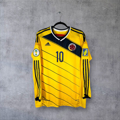 Vue de face du maillot Colombie Domicile 2014 jaune à manches longues avec fines rayures diagonales bleues.