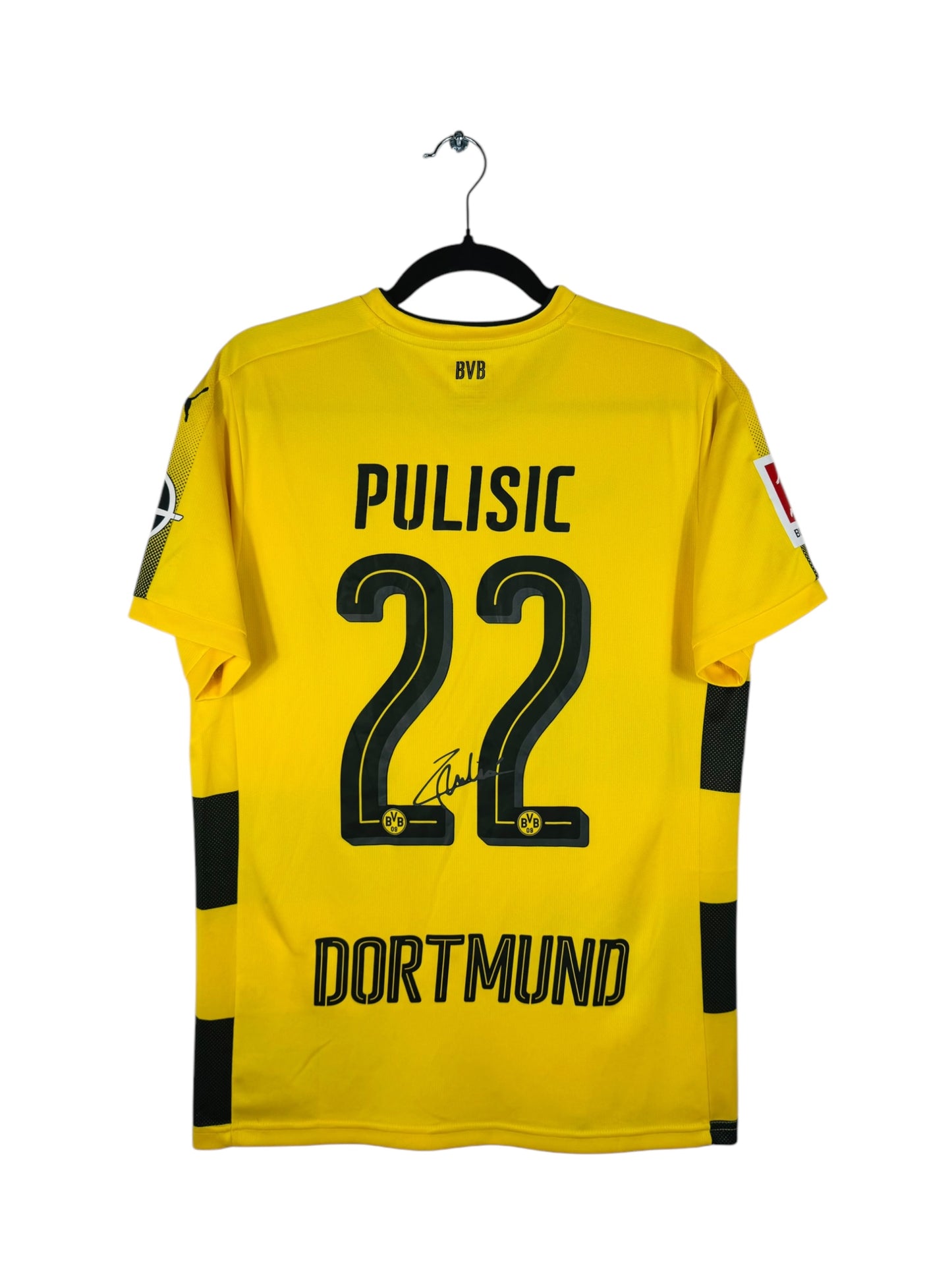 Maillot Dortmund 2017-2018 Domicile Puma signé Pulisic - Vue arrière flocage N°22, taille M, couleur jaune.