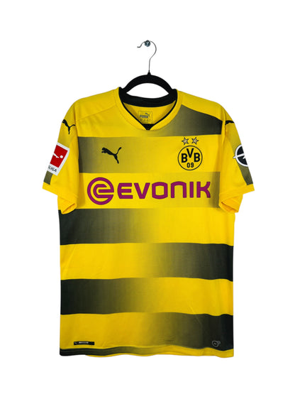 Maillot Dortmund 2017-2018 Domicile Puma signé Pulisic - Vue avant, taille M, couleur jaune.