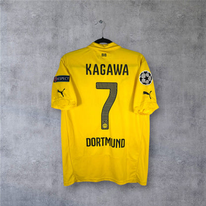 Dos du maillot Dortmund jaune avec flocage KAGAWA 7 et patchs Ligue des Champions.