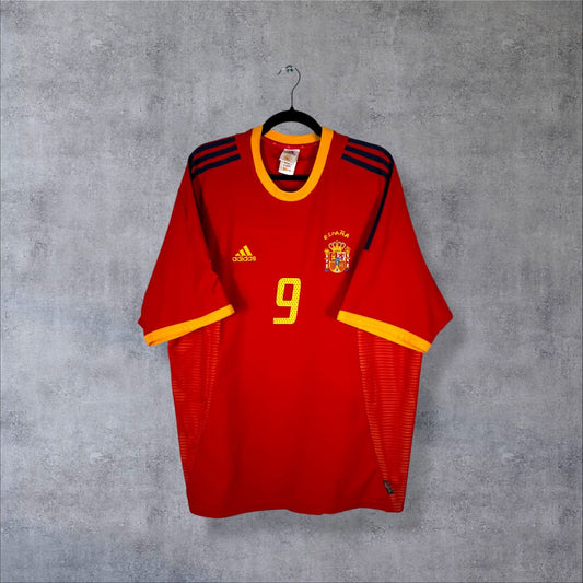 Face du maillot Espagne 2002 domicile adidas avec col côtelé jaune et écusson ESPAÑA