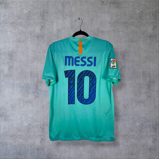 Maillot FC Barcelone 2010-2011 extérieur turquoise, dos floqué Messi 10, patch LFP