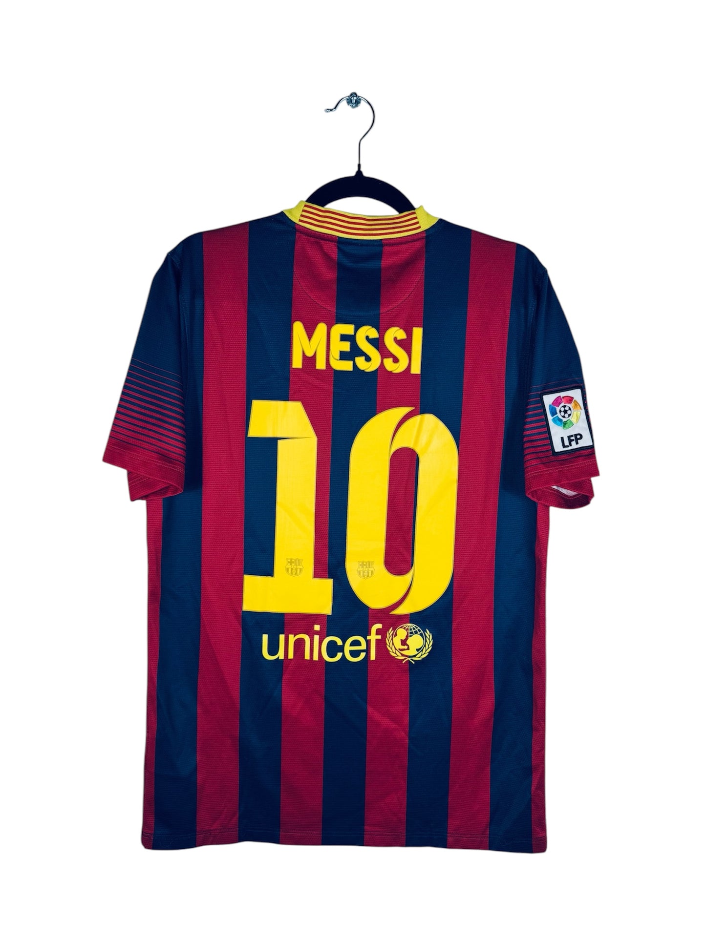 Maillot FC Barcelone 2013-2014 Domicile Nike - Vue arrière flocage Messi N°10, taille S, couleur marine et rouge