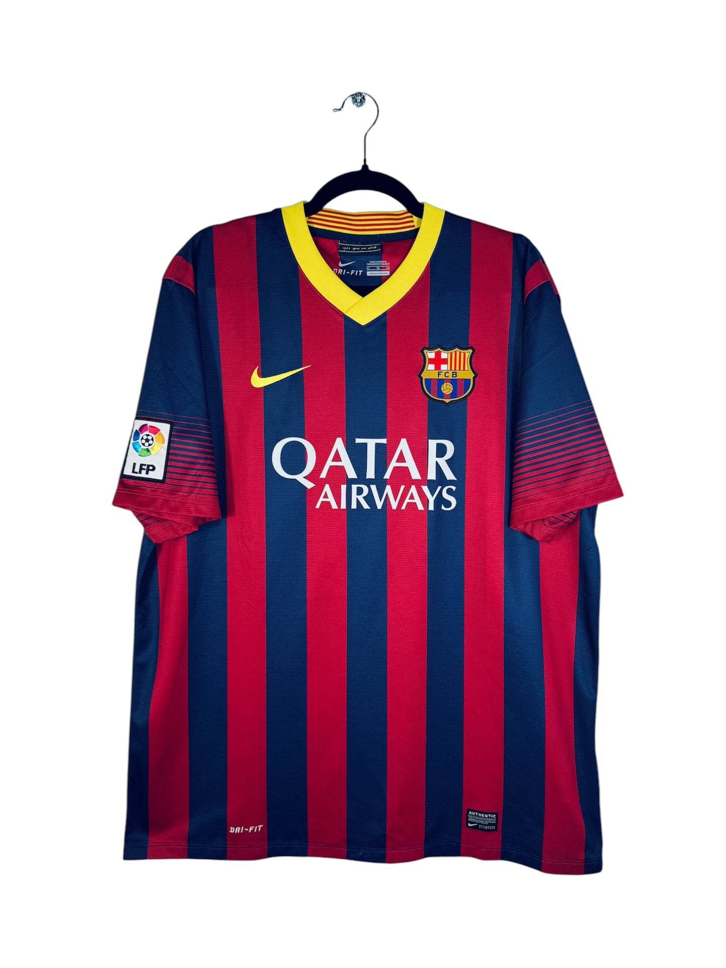 Maillot FC Barcelone 2013-2014 Domicile Nike - Vue avant, taille XL, couleur marine et rouge.