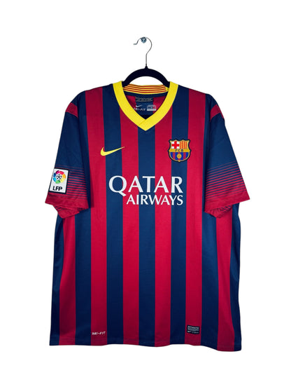 Maillot FC Barcelone 2013-2014 Domicile Nike - Vue avant, taille XL, couleur marine et rouge.