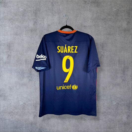 Dos du maillot FC Barcelone 2015-2016 domicile bleu marine avec flocage Suárez N°9 et logo Unicef authentique