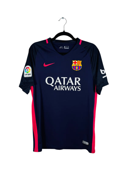 Maillot FC Barcelone 2016-2017 Extérieur Nike - Vue avant, taille S, couleur violet et rose.