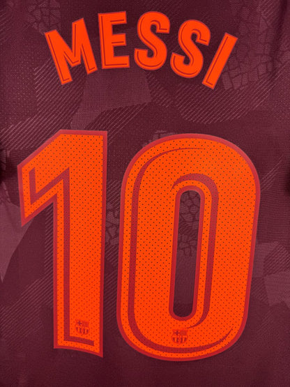 Détail flocage Messi 10 orange à ombre grenat, maillot FC Barcelone third 2017-2018