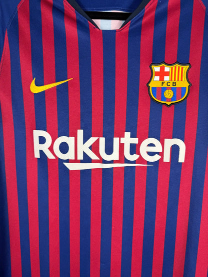 Détail sponsor Rakuten et écusson FC Barcelone sur maillot domicile 2018-2019 saison du Pichichi de Messi