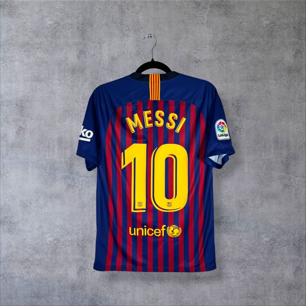 Dos du maillot FC Barcelone 2018-2019 domicile bicolore avec flocage Messi N°10 et logo Unicef authentique