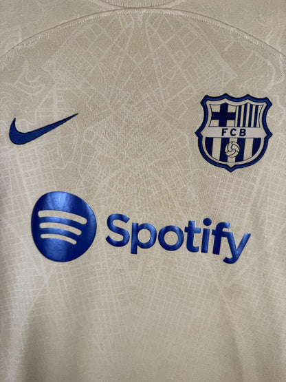 Écusson FCB, swoosh et sponsor Spotify bleu marine, maillot Barça extérieur 2022-2023 Lewandowski