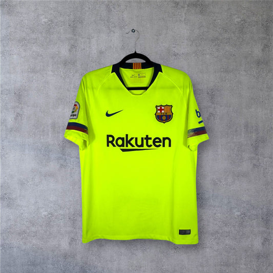 Vue de face du maillot FC Barcelone Extérieur 2019 jaune Volt avec sponsor Rakuten