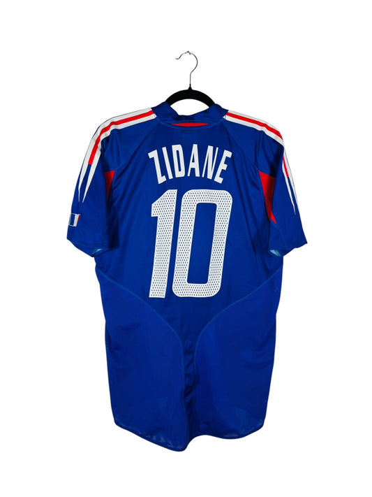 Maillot France 2004-2006 Domicile Adidas - Vue arrière flocage Zidane N°10, taille S, couleur bleu.