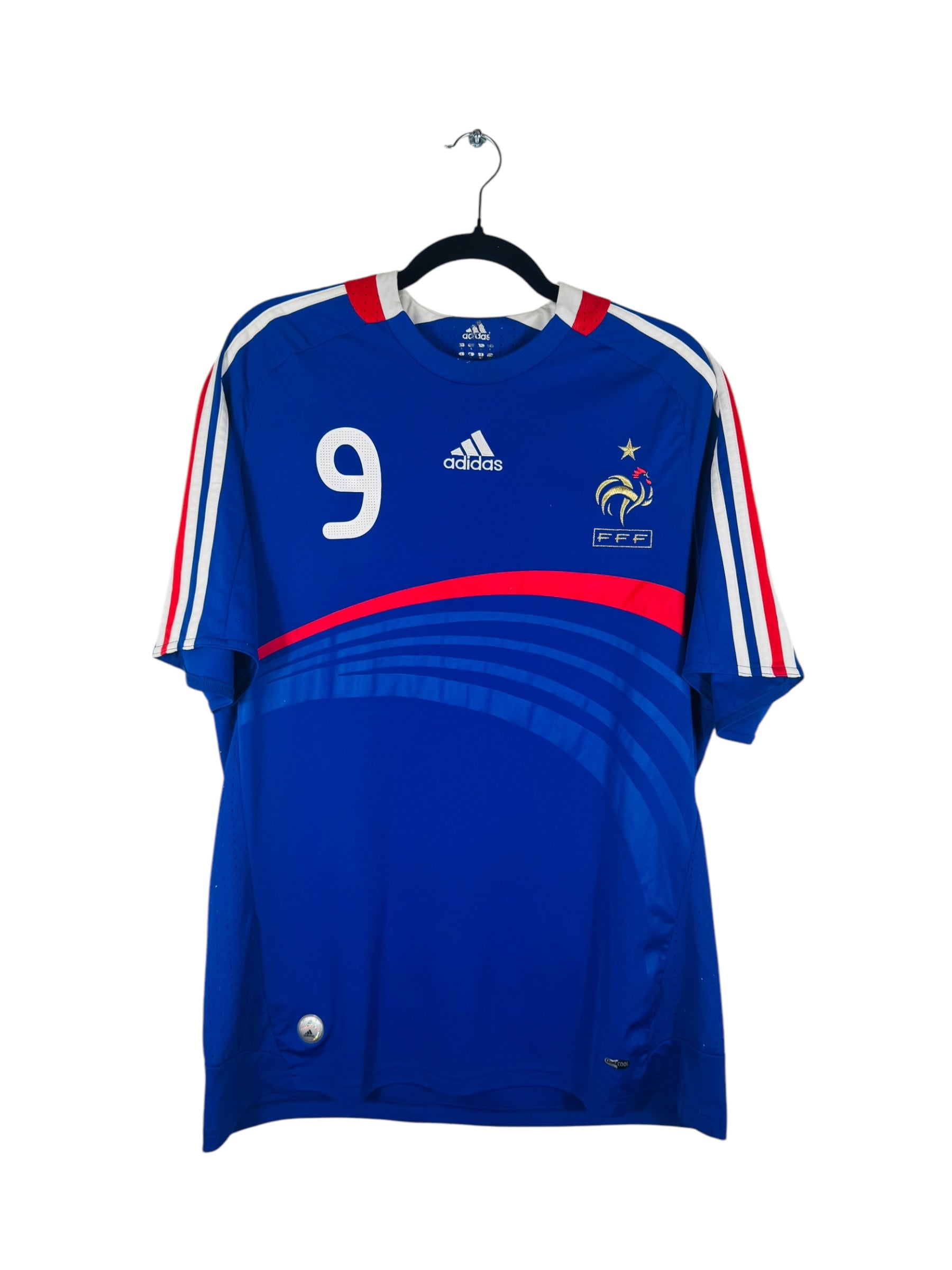 Maillot France 2008 Domicile Adidas - Vue avant, taille L, couleur bleu, flocage Benzema N°9.