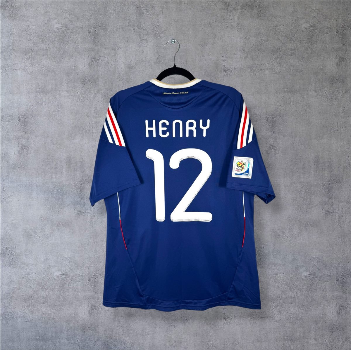 Maillot France 2010 domicile adidas, dos floqué Henry 12, badge Coupe du monde 2010