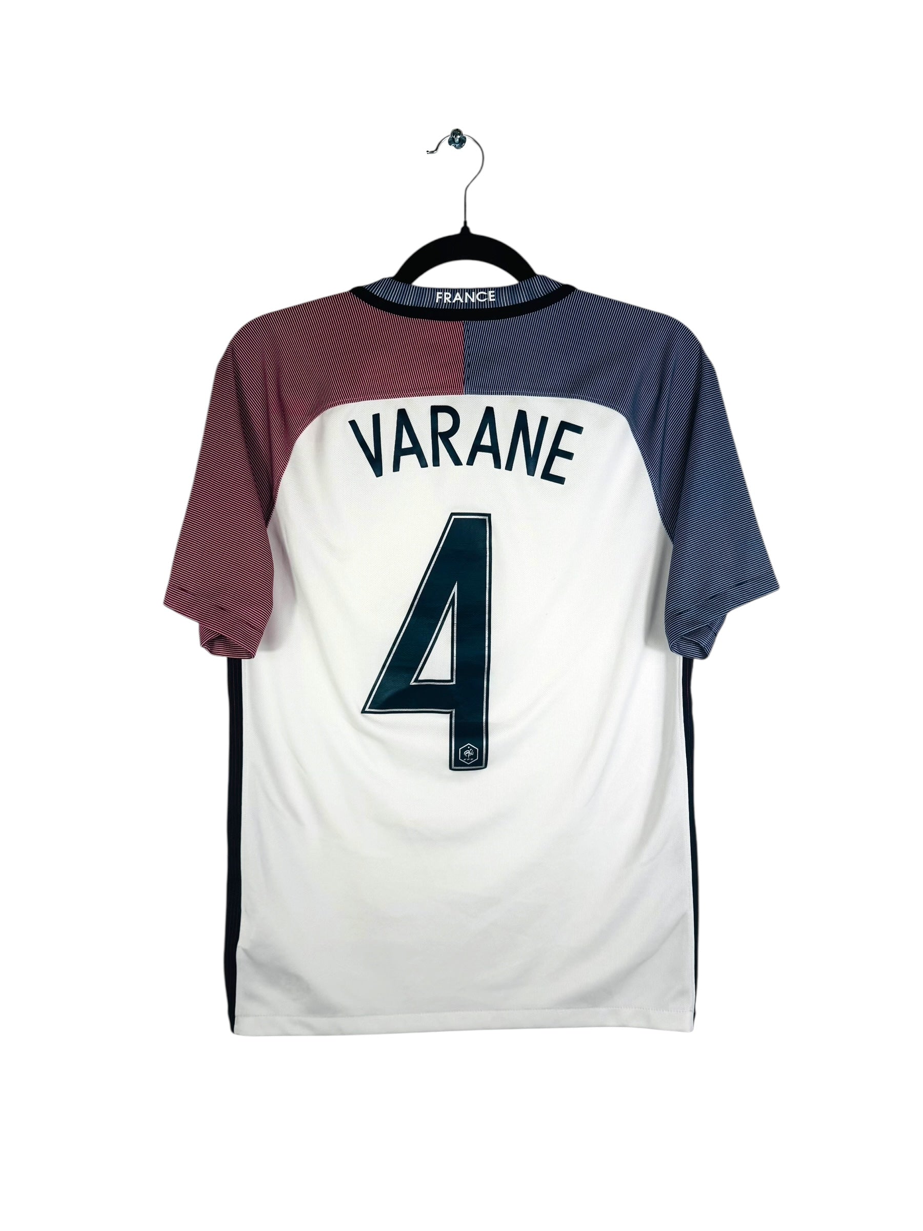 Maillot France 2016-2017 extérieur Nike Varane 4 blanc manches rouge et bleue S vue arrière