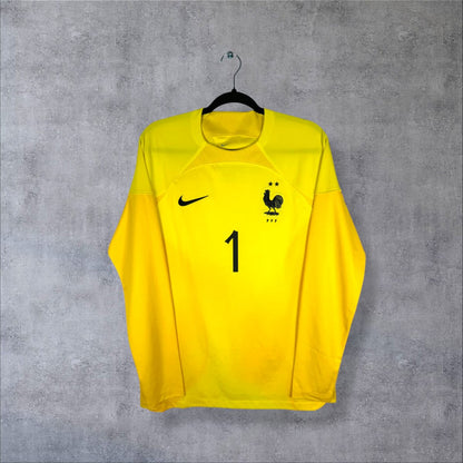 Face du maillot gardien Équipe de France 2022 Nike jaune avec coq FFF et numéro 1