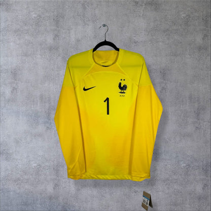 Maillot gardien France 2022 jaune Nike neuf avec étiquettes vue face coq deux étoiles