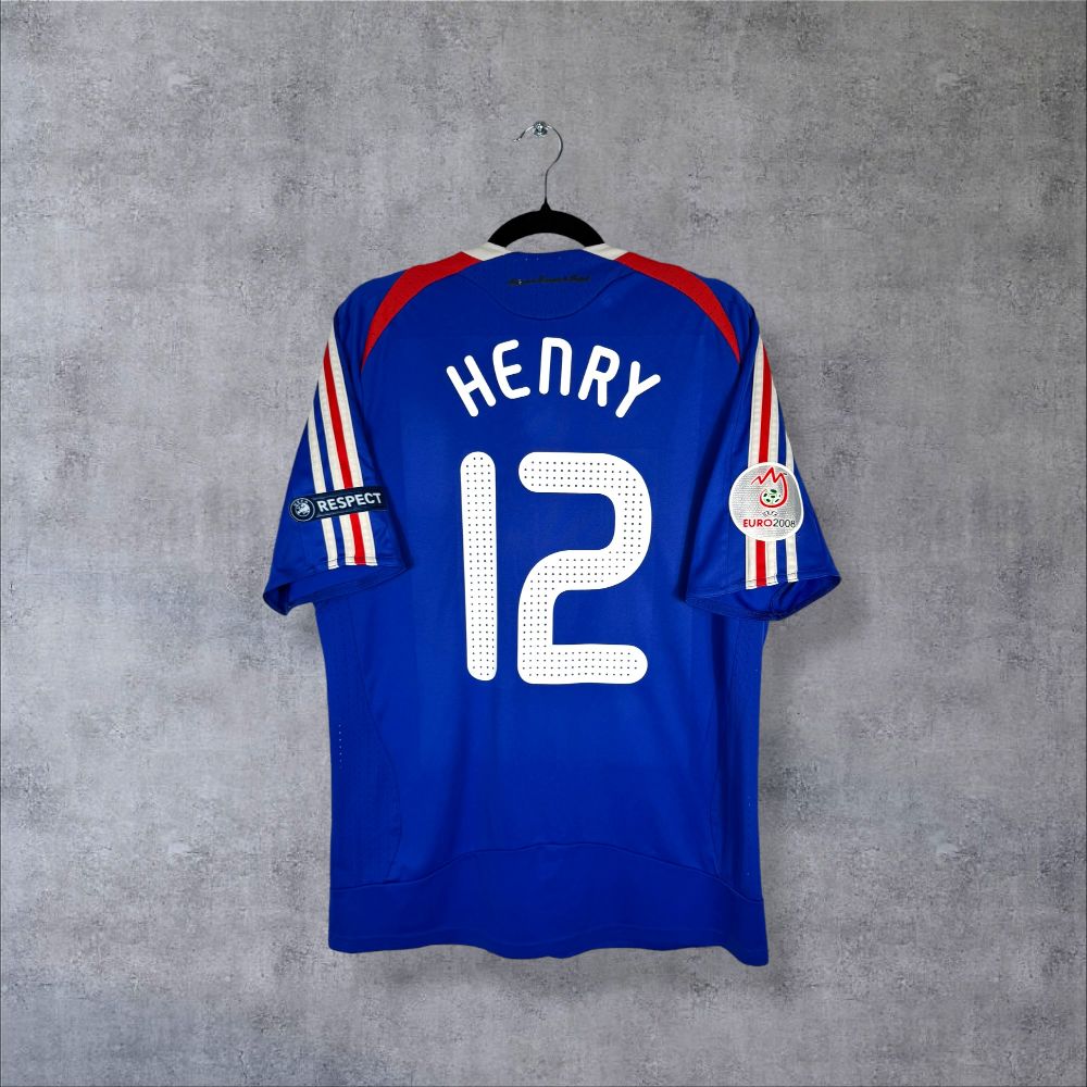 Dos du maillot équipe de France Euro 2008 domicile bleu avec flocage Henry N°12 et patch UEFA Euro 2008 authentique