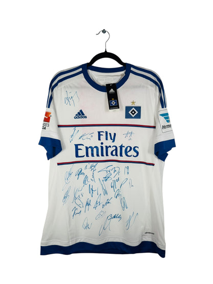 Maillot Hamburger SV 2015-2016 Domicile Adidas - Vue avant, taille L, couleur blanc, signé.