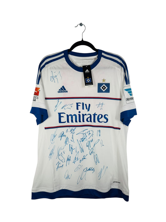Maillot Hamburger SV 2015-2016 Domicile Adidas - Vue avant, taille L, couleur blanc, signé.