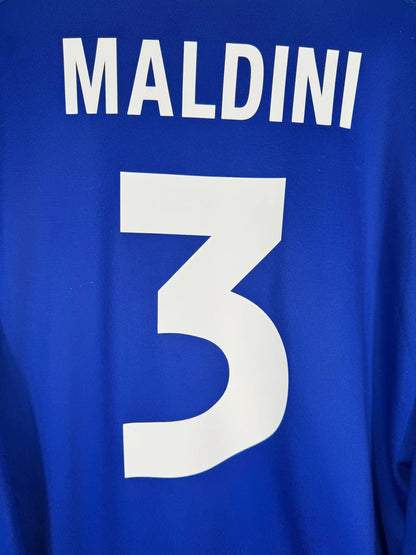 Détail flocage Maldini N°3 sur maillot Italie domicile 1998-1999 numéro patrimonial du capitaine éternel