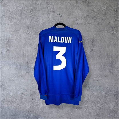 Dos du maillot Italie 1998-1999 domicile bleu royal manches longues avec flocage Maldini N°3 capitaine éternel authentique