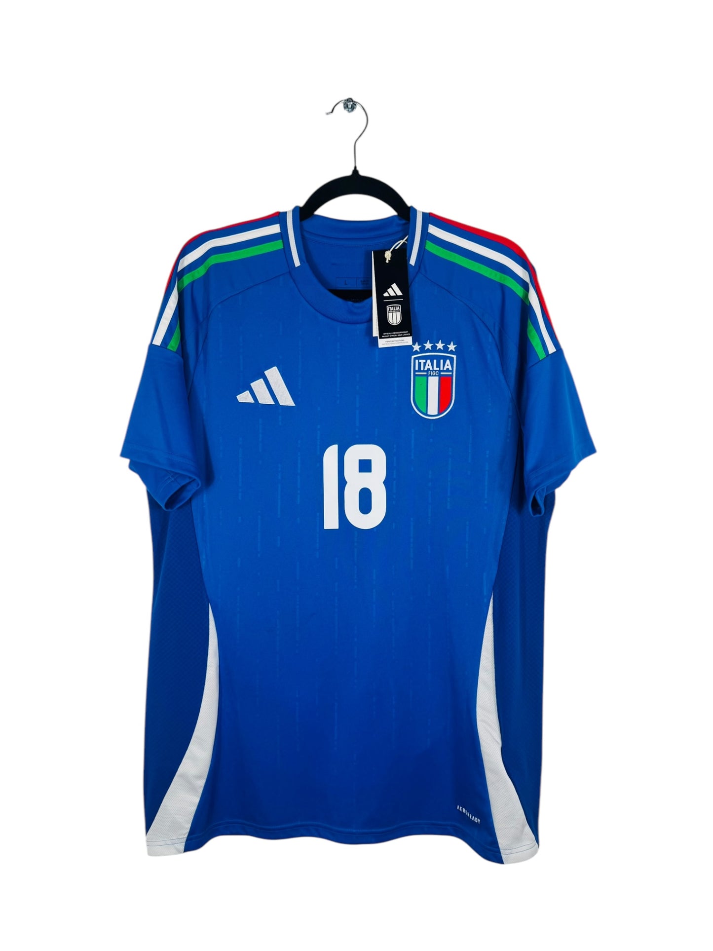 Maillot Italie 2024 Domicile Adidas - Vue avant flocage Barella N°18, taille L, couleur bleu.